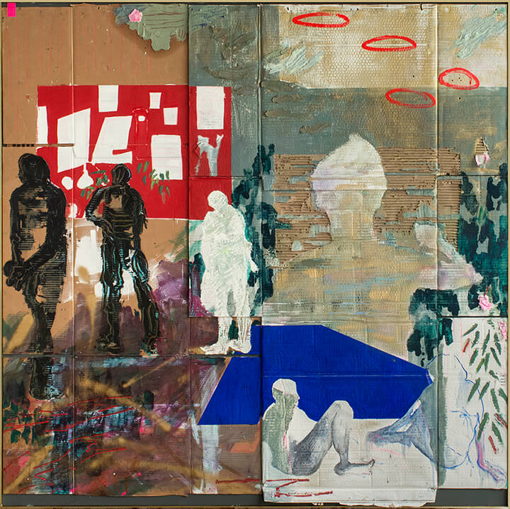 Looking From the Outside In, (2016) Oil paint,beeswax, spraypaint,tape on cardboard.jpg 147 x 147 cm