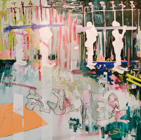 The spectators of descent, (2017)Oil paint, beeswax, spraypaint, sharpies on canvas 160 x 160 cm Vossgatter_002B